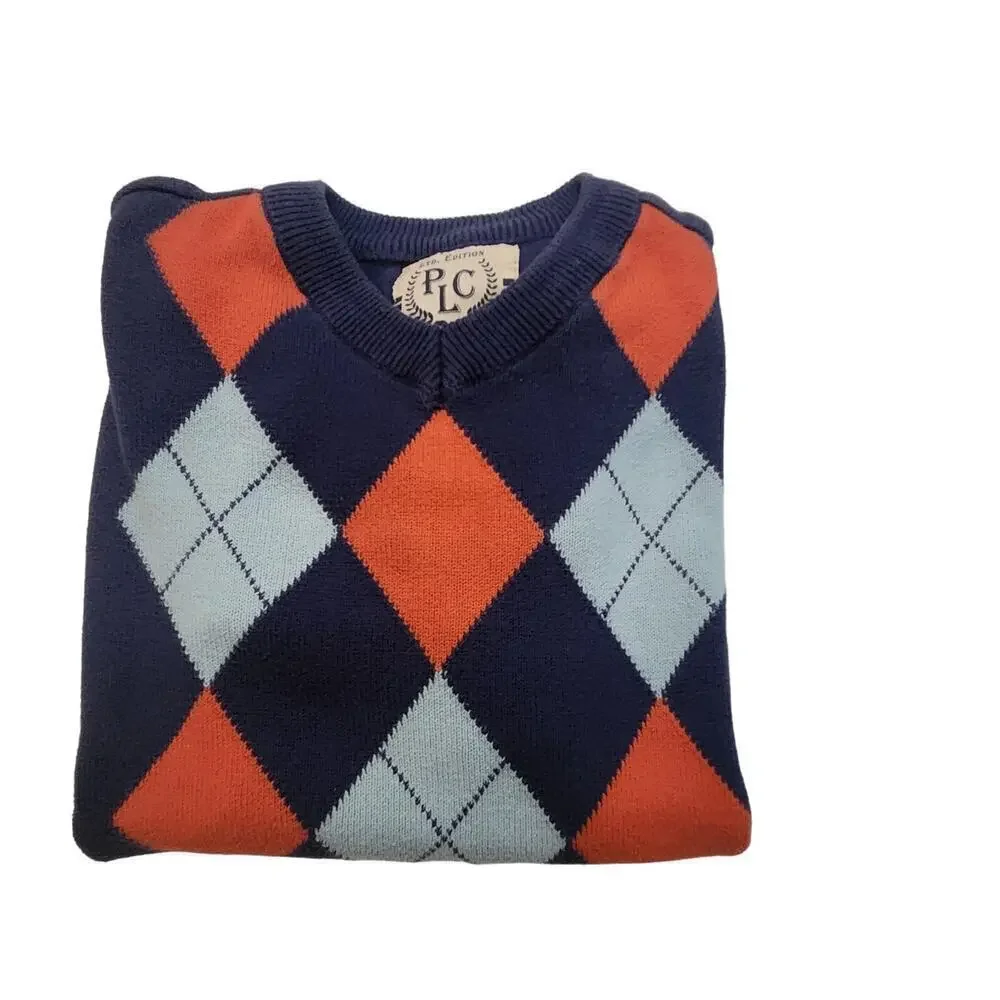 THE‎ CHILDRENS PLACE Navy Blue Orange Argyle  Cotton V-Neck Sweater Boys Small